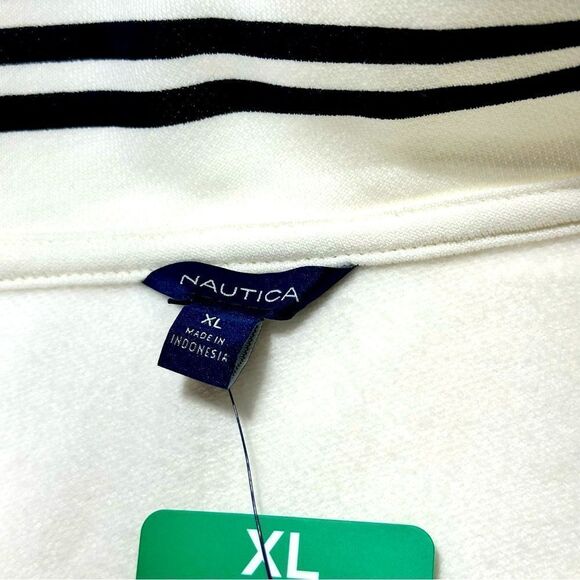 Nautica Ladies Quarter Zip Pullover Off White Blue Stripe Neck Boat XL - Picture 6 of 11
